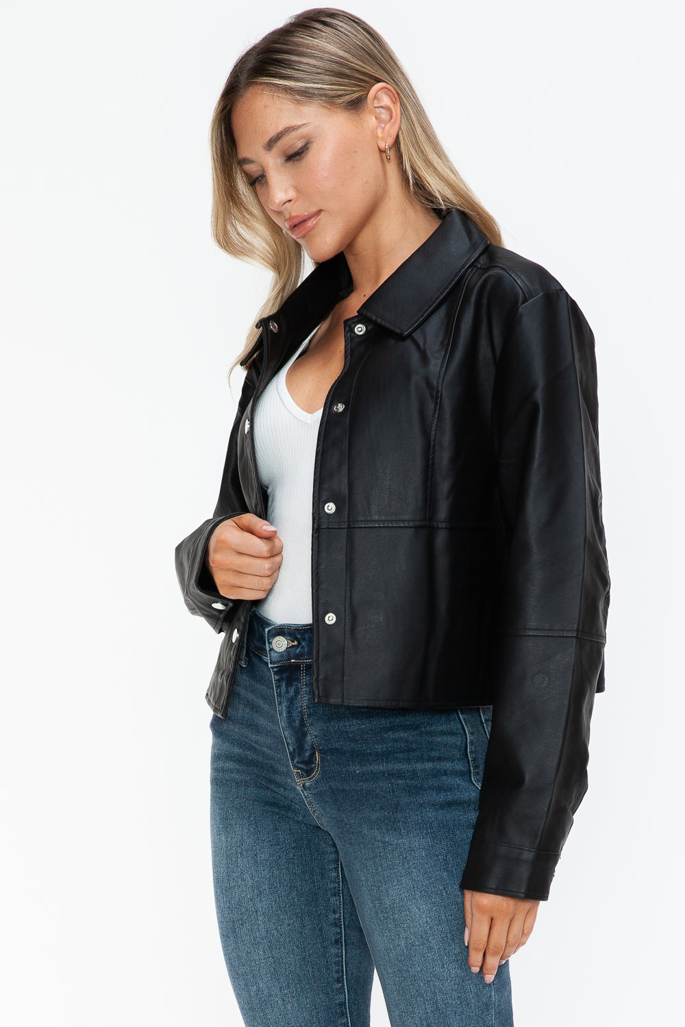 Snobbish Snap Down Long Sleeve PU Leather Jacket - Teresa's Fashionista LLC
