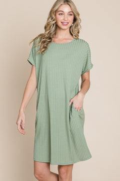 BOMBOM Ribbed Round Neck Short Sleeve Dress-Teresa's Fashionista LLC