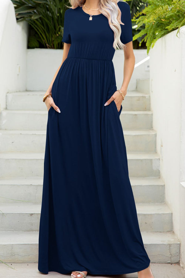 Round Neck Maxi Tee Dress with Pockets-Teresa's Fashionista LLC
