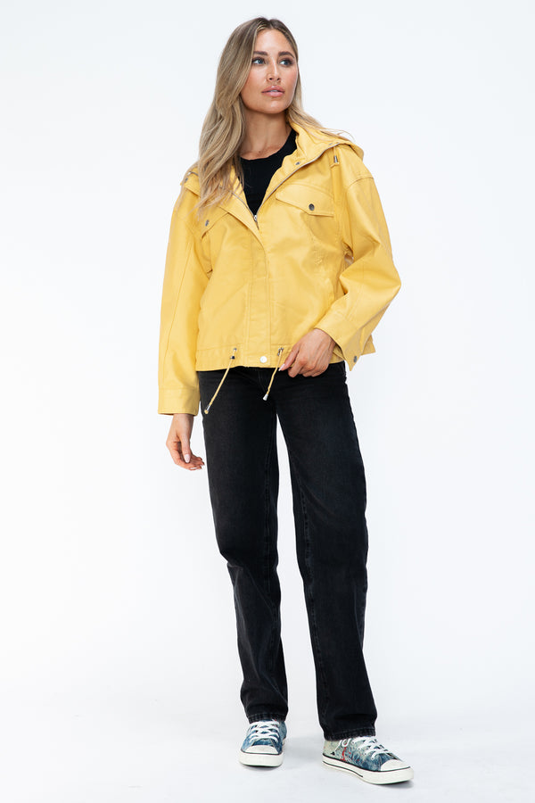 How Dare U Drawstring Hem PU Leather Zip Up Jacket - Teresa's Fashionista LLC