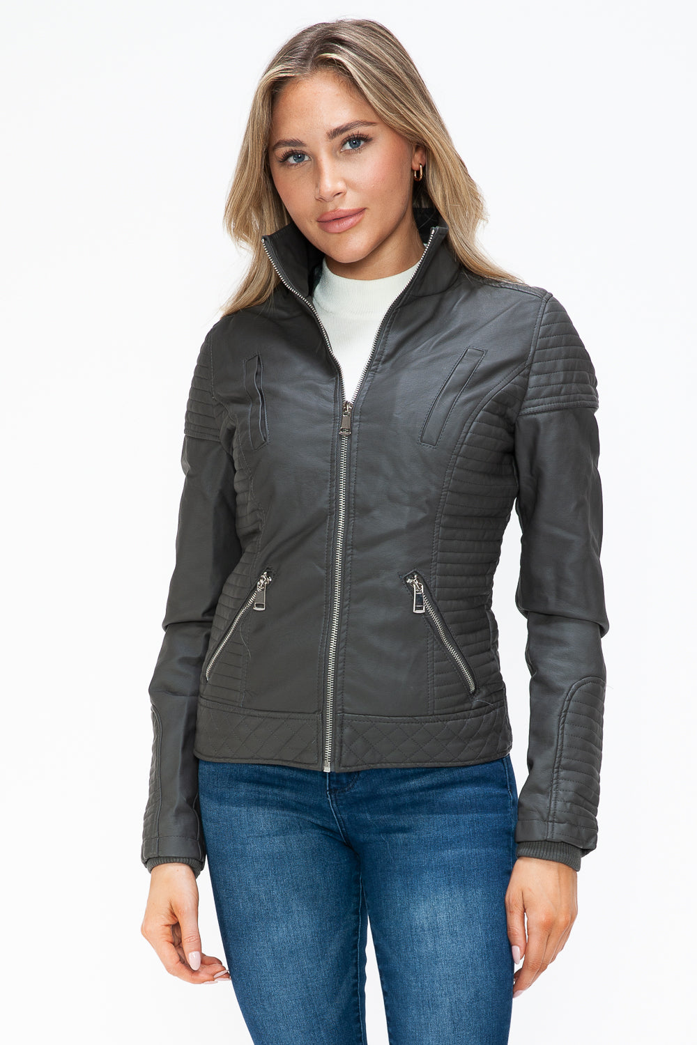 YMI Faux Layered Double-Zipper Jacket with Fuzzy Hood - Teresa's Fashionista LLC