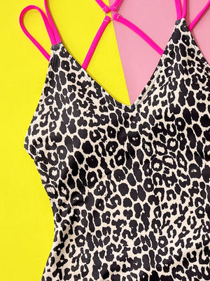 Leopard Plunge Spaghetti Strap One-Piece Swimwear-Teresa's Fashionista LLC