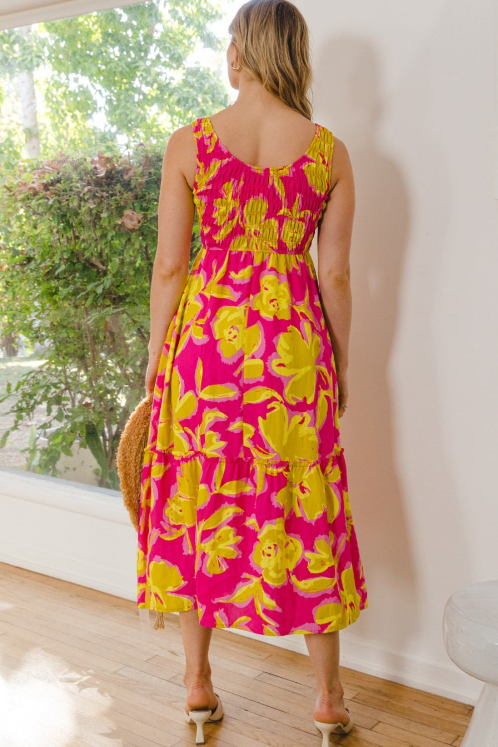 ODDI Full Size Floral Smocked Ruffled Midi Dress-Teresa&#39;s Fashionista LLC