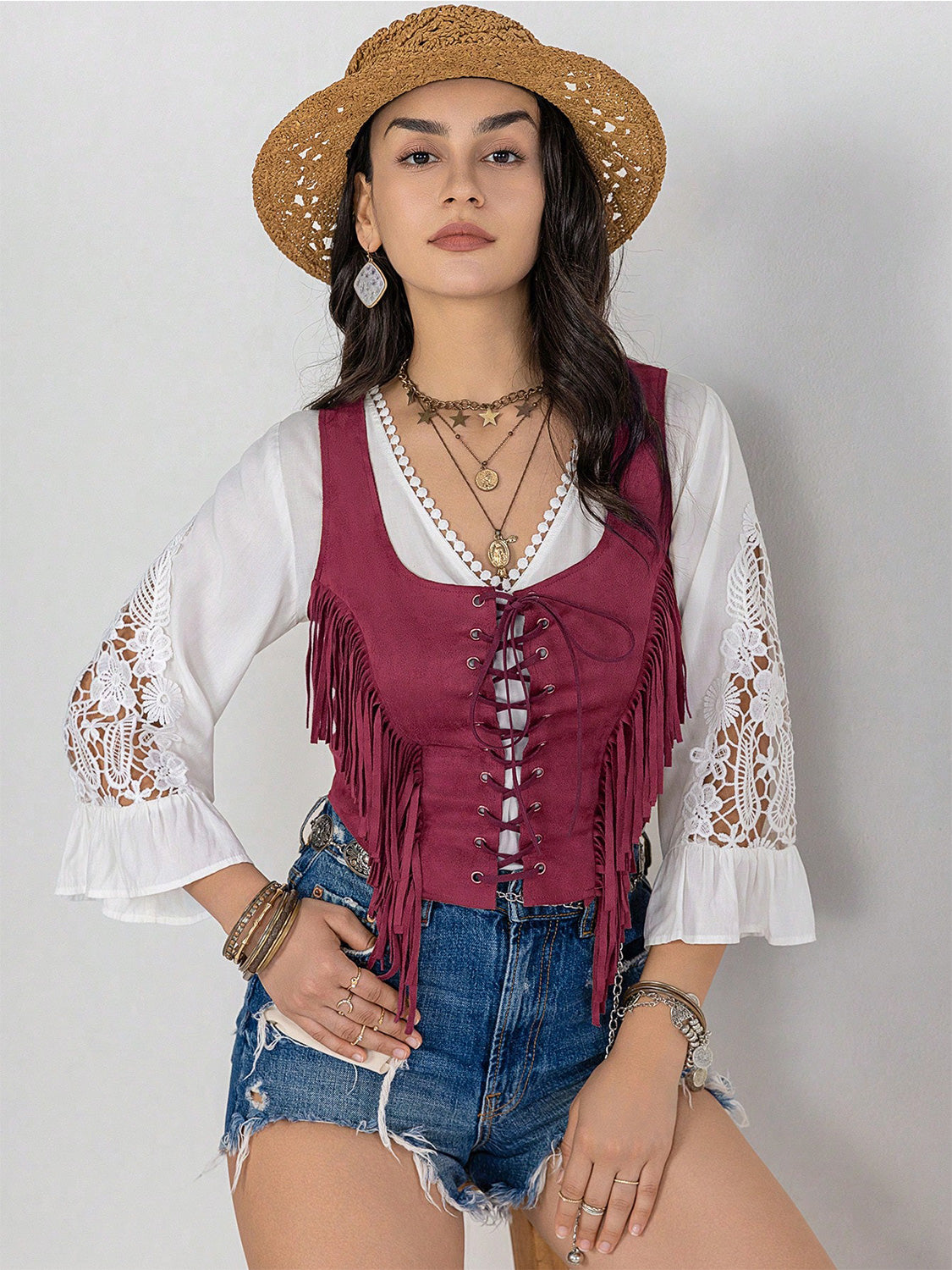 Fringe Lace-Up Vest-Teresa&#39;s Fashionista LLC