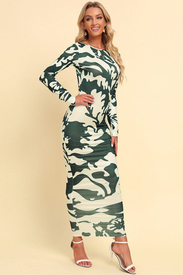 Printed Backless Long Sleeve Maxi Dress-Teresa's Fashionista LLC
