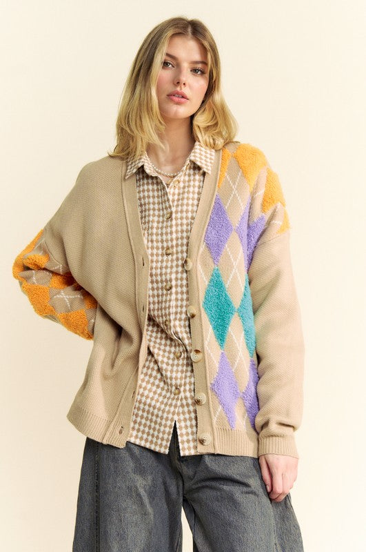 Davi & Dani Argyle V-Neck Dropped Shoulder Cardigan - Teresa's Fashionista LLC