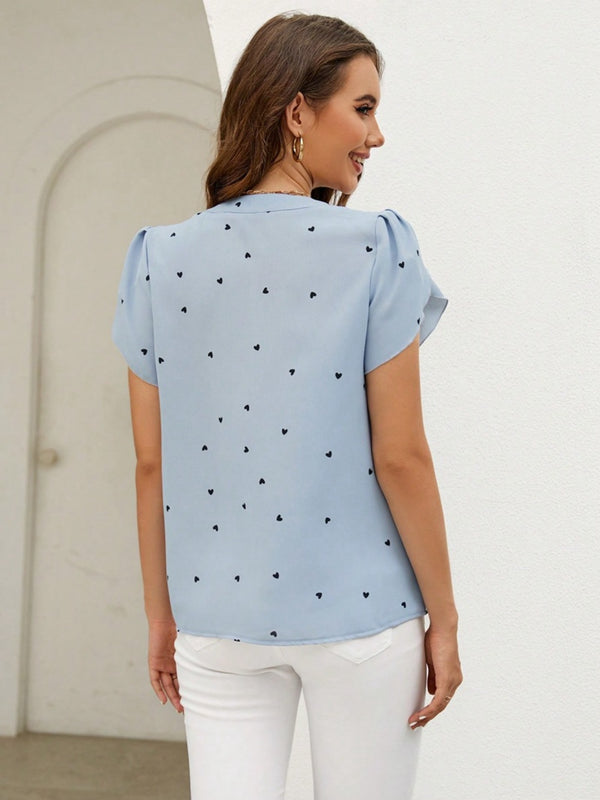 Heart Print Notched Petal Sleeve Blouse-Teresa's Fashionista LLC