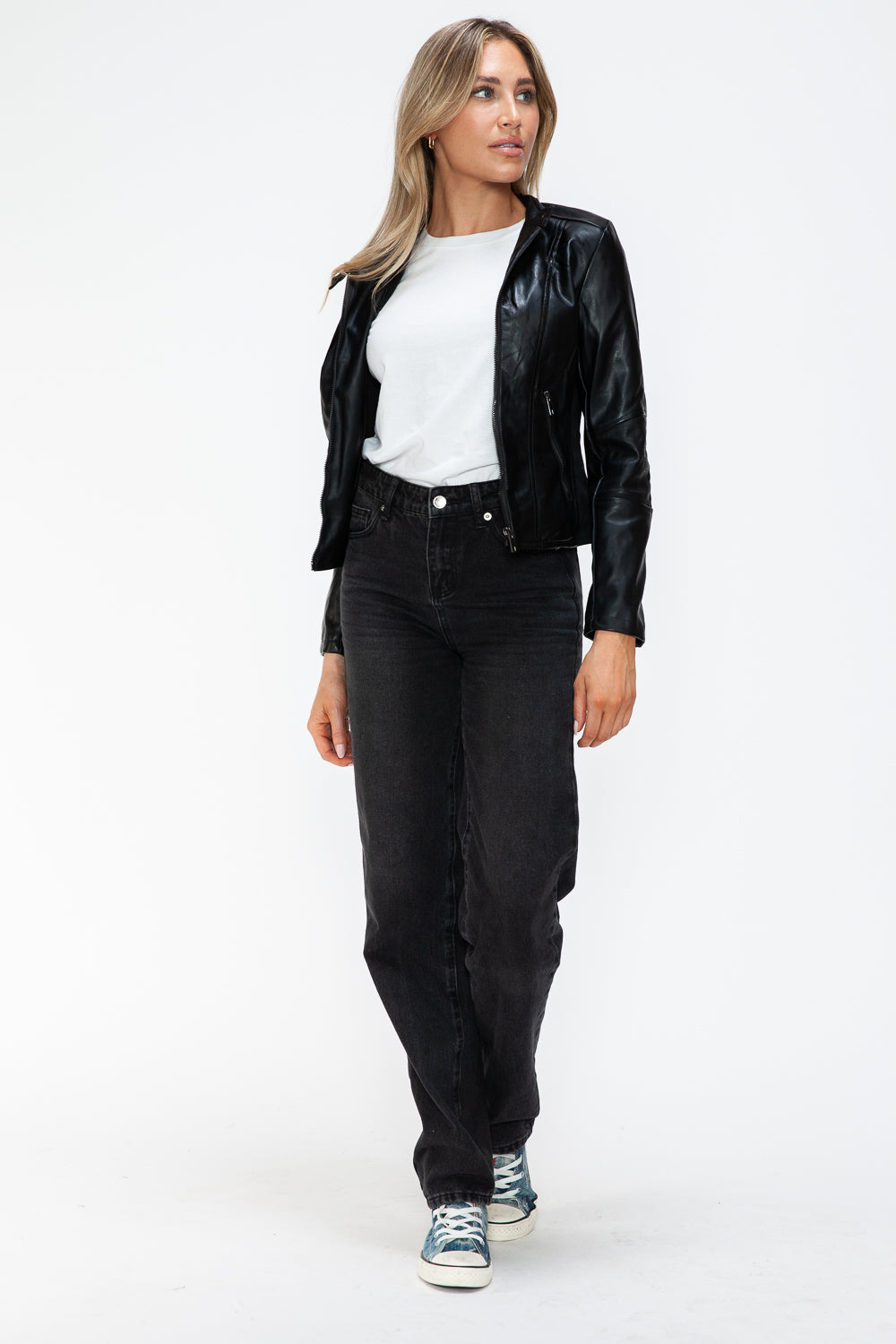 Snobbish Faux Leather Zip Up Drawstring Hooded Jacket - Teresa's Fashionista LLC