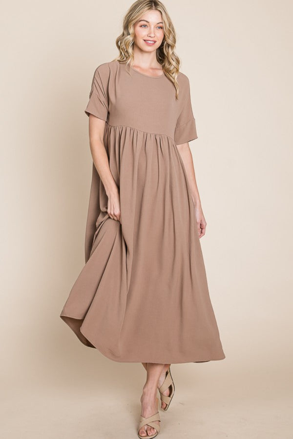BOMBOM Round Neck Ruched Midi Dress-Teresa's Fashionista LLC