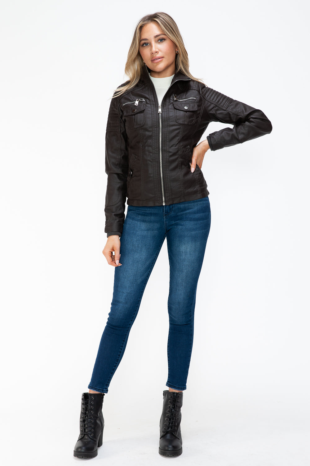 YMI Removable Faux Layered Multi-Pocket Jacket with Fuzzy Hood - Teresa's Fashionista LLC