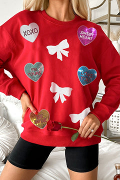 Valentine’s Day Sequin Bow Heart Round Neck Sweatshirt - Teresa's Fashionista LLC