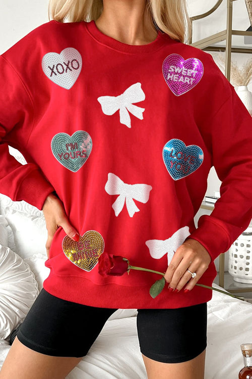 Valentine’s Day Sequin Bow Heart Round Neck Sweatshirt - Teresa's Fashionista LLC