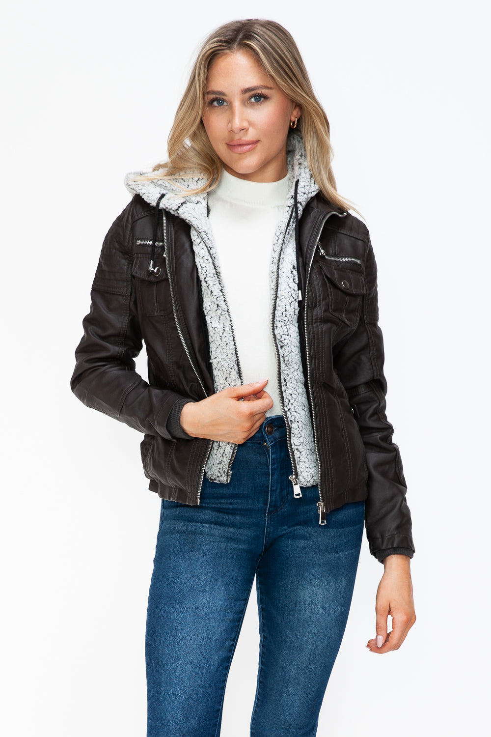 YMI Removable Faux Layered Multi-Pocket Jacket with Fuzzy Hood - Teresa's Fashionista LLC