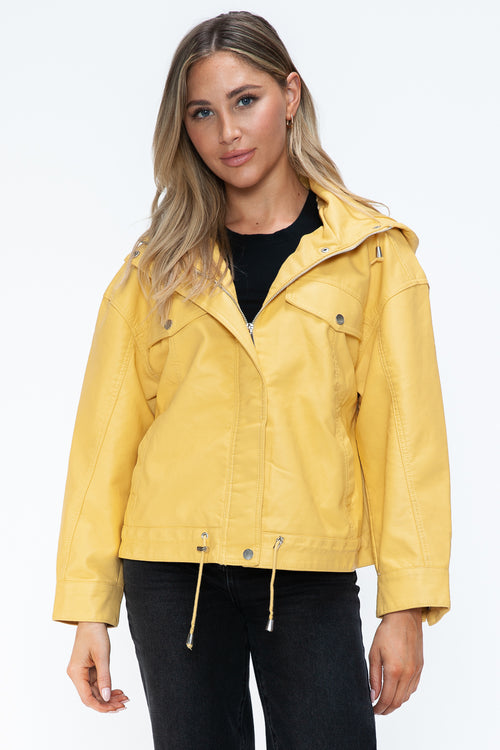How Dare U Drawstring Hem PU Leather Zip Up Jacket - Teresa's Fashionista LLC