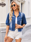 Distressed Raw Hem Button Up Denim Jacket-Teresa's Fashionista LLC