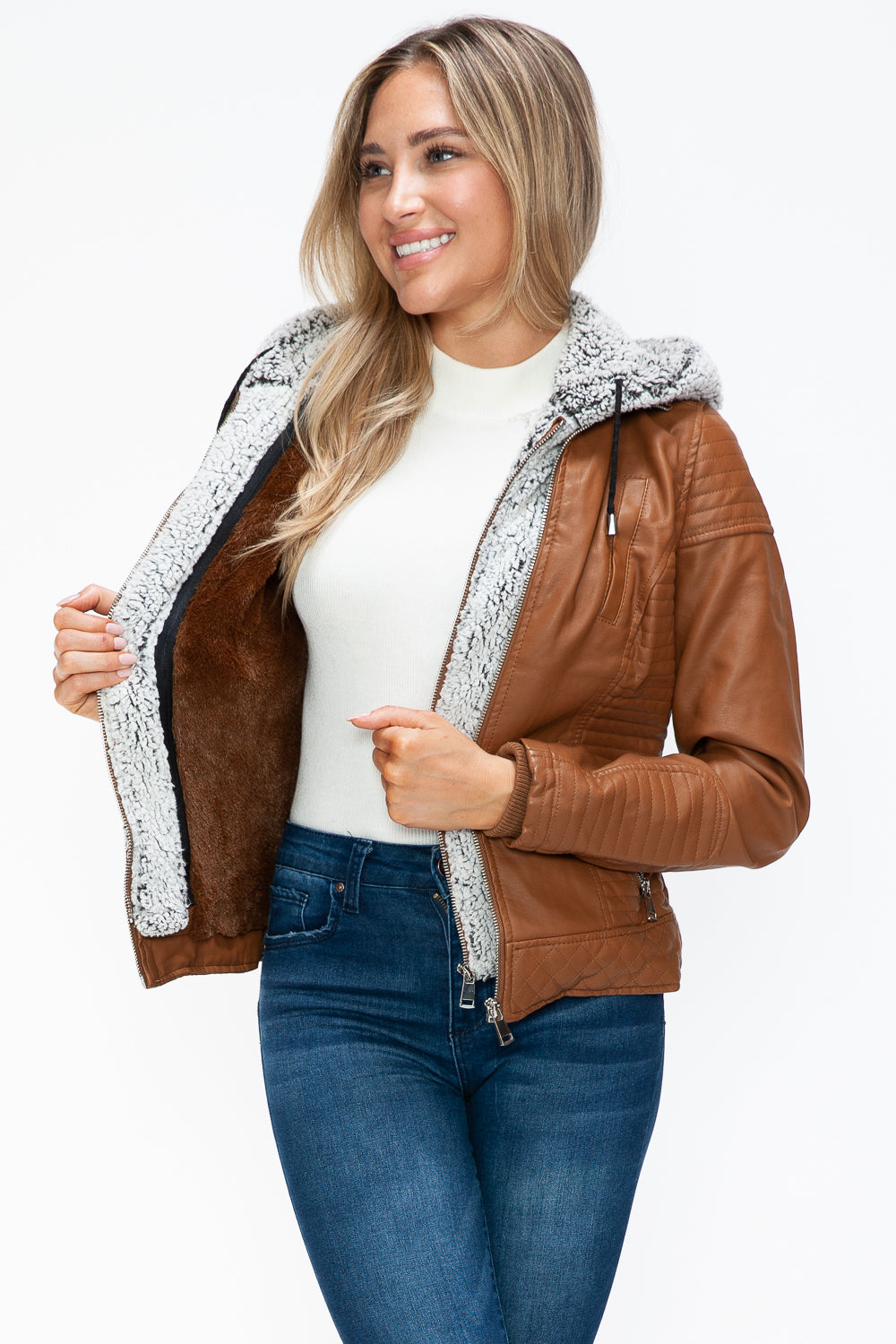 YMI Faux Layered Double-Zipper Jacket with Fuzzy Hood - Teresa's Fashionista LLC