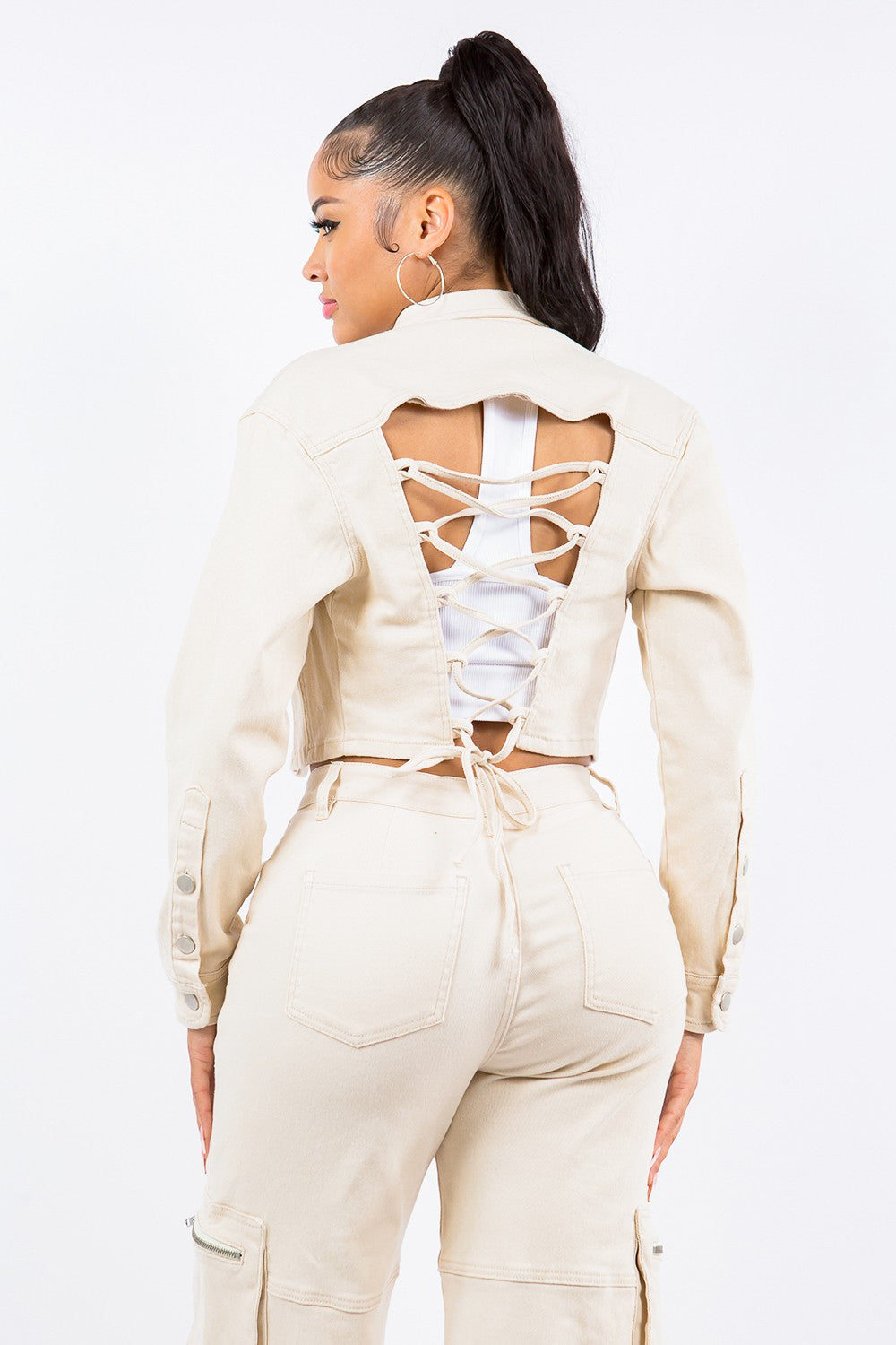 American Bazi Laced Back Cropped Jacket - Teresa's Fashionista LLC
