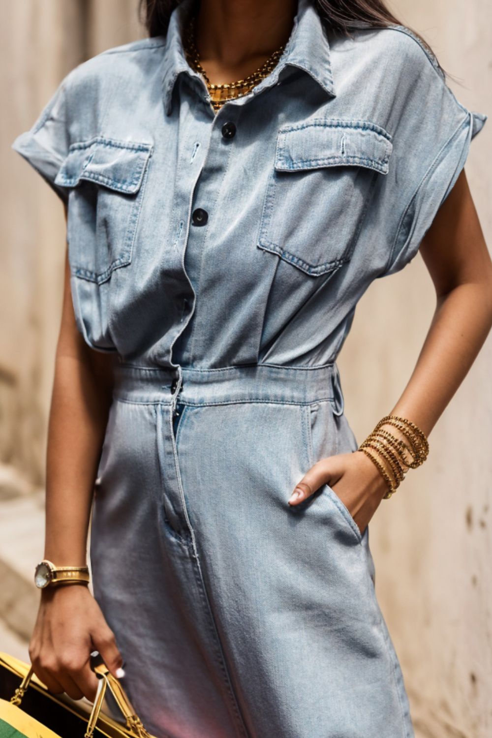 Slit Pocketed Half Button Denim Dress-Teresa's Fashionista LLC