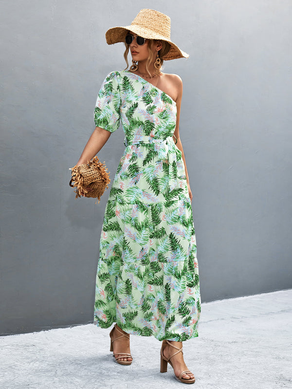 Printed Tie Waist One Shoulder Maxi Dress-Teresa's Fashionista LLC