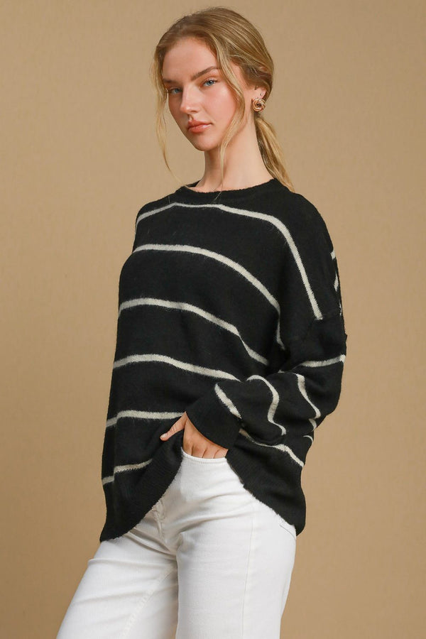 Umgee Wool Blend Striped Round Neck Sweater - Teresa's Fashionista LLC