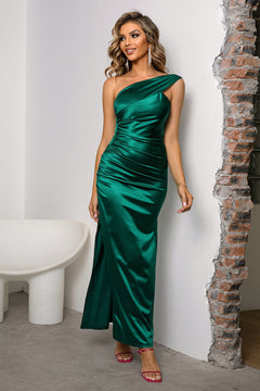 One-Shoulder Ruched Slit Maxi Dress-Teresa's Fashionista LLC