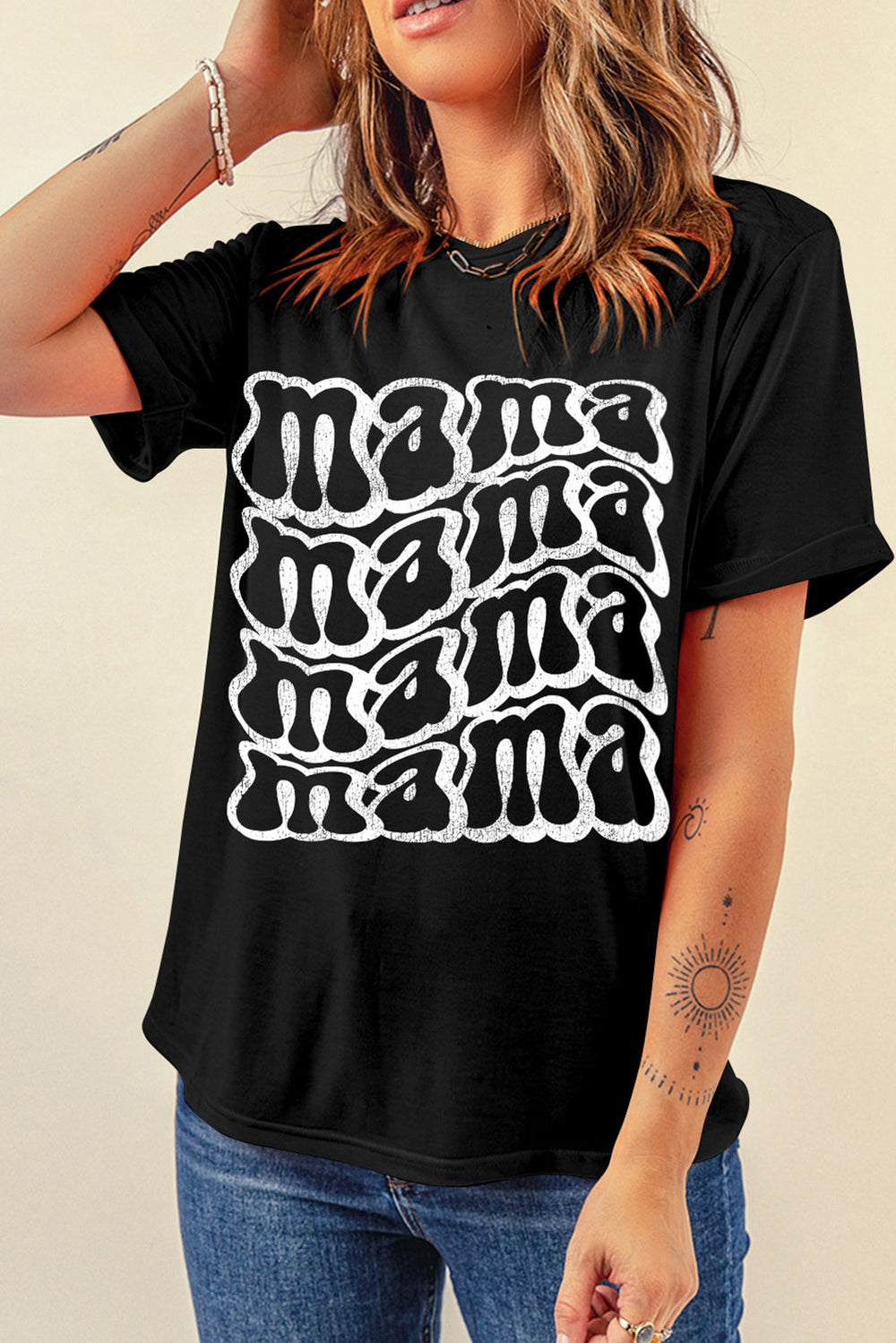 Mama round neck short sleeve T-shirt in black with white lettering, basic style, no stretch, polyester-cotton blend.