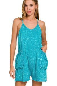 Zenana Acid Crinkle Washed Spaghetti Strap Romper