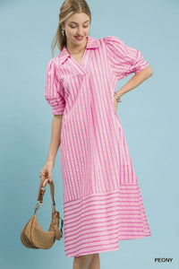 Umgee Striped Puff Sleeve Midi Dress