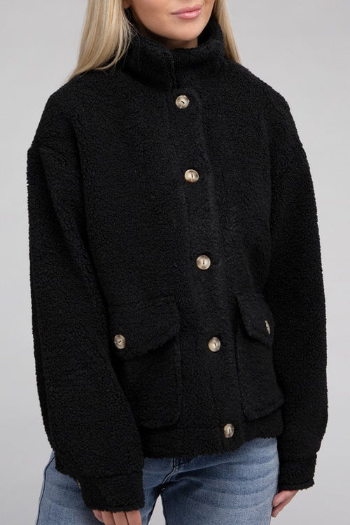 Cozy Sherpa Button-Front Jacket-Teresa's Fashionista LLC