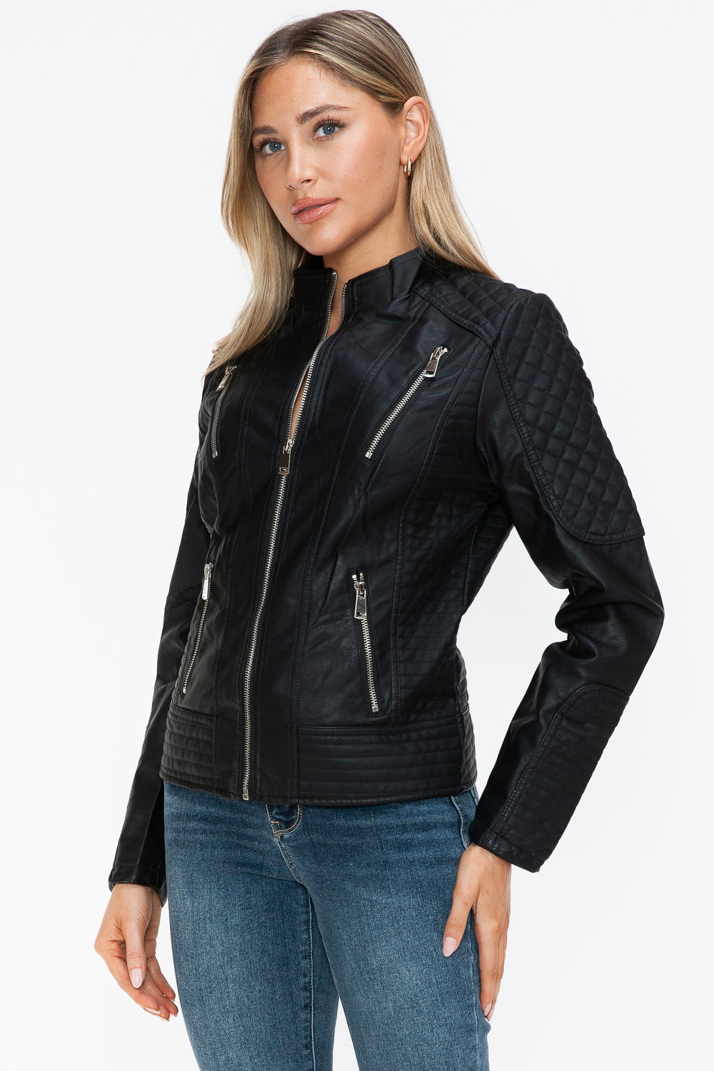 Snobbish Faux Leather Zip Up Mock Neck Jacket - Teresa's Fashionista LLC
