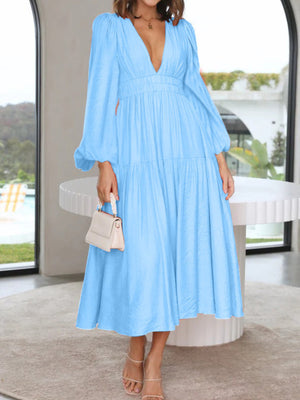 Deep V-Neck Balloon Sleeve Plain Maxi Dress-Teresa's Fashionista LLC