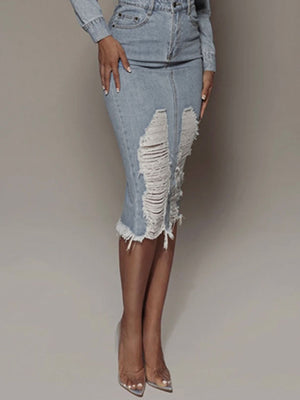 Distressed Slit Denim Skirt-Teresa's Fashionista LLC