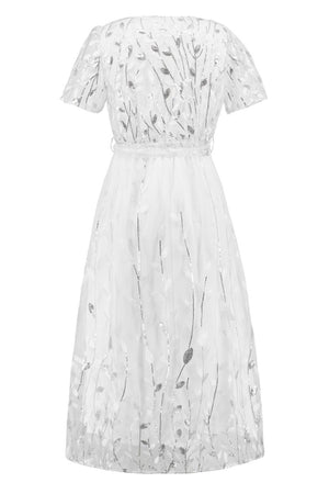 Sequin Leaf Embroidery Tie Front Short Sleeve Dress-Teresa's Fashionista LLC
