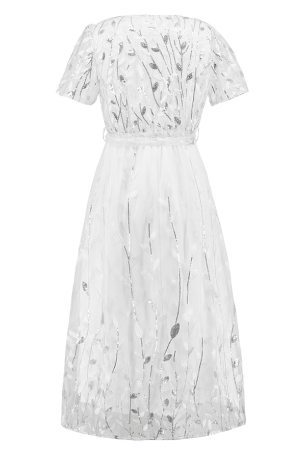 Sequin Leaf Embroidery Tie Front Short Sleeve Dress-Teresa's Fashionista LLC