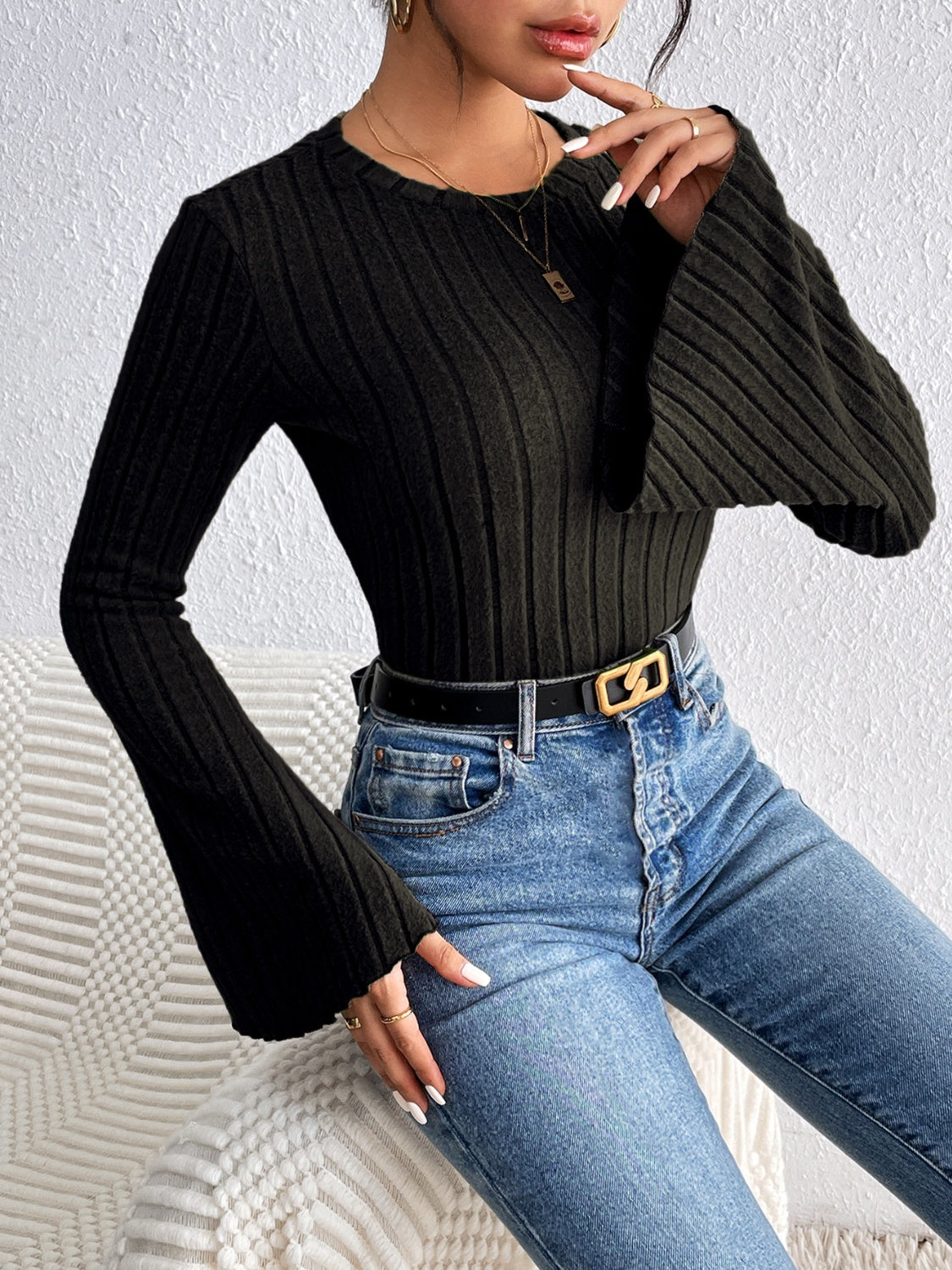 Round Neck Flare Sleeve T-Shirt-Teresa&#39;s Fashionista LLC