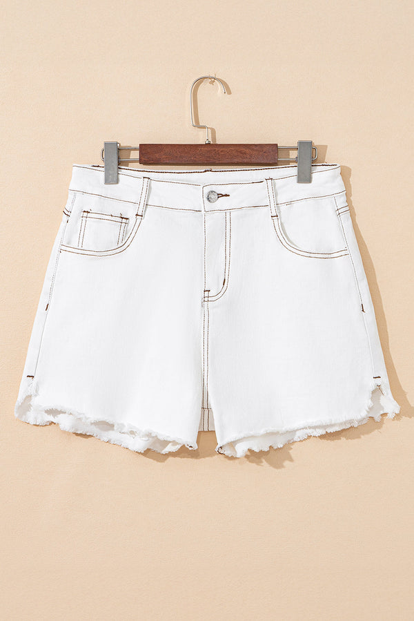 White raw hem high waist denim shorts with frayed edges and medium-high elasticity.