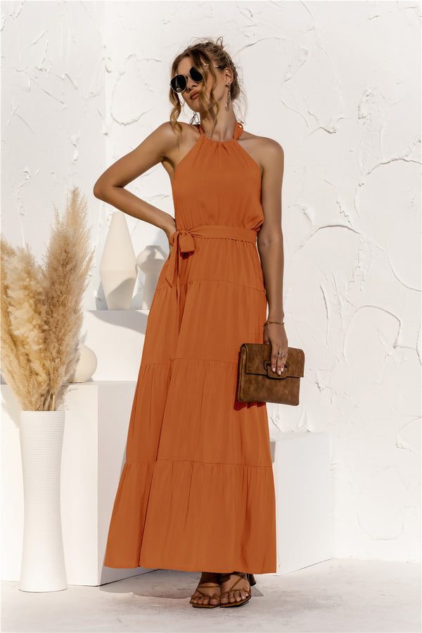 Halter Neck Tie Waist Tiered Maxi Dress-Teresa's Fashionista LLC