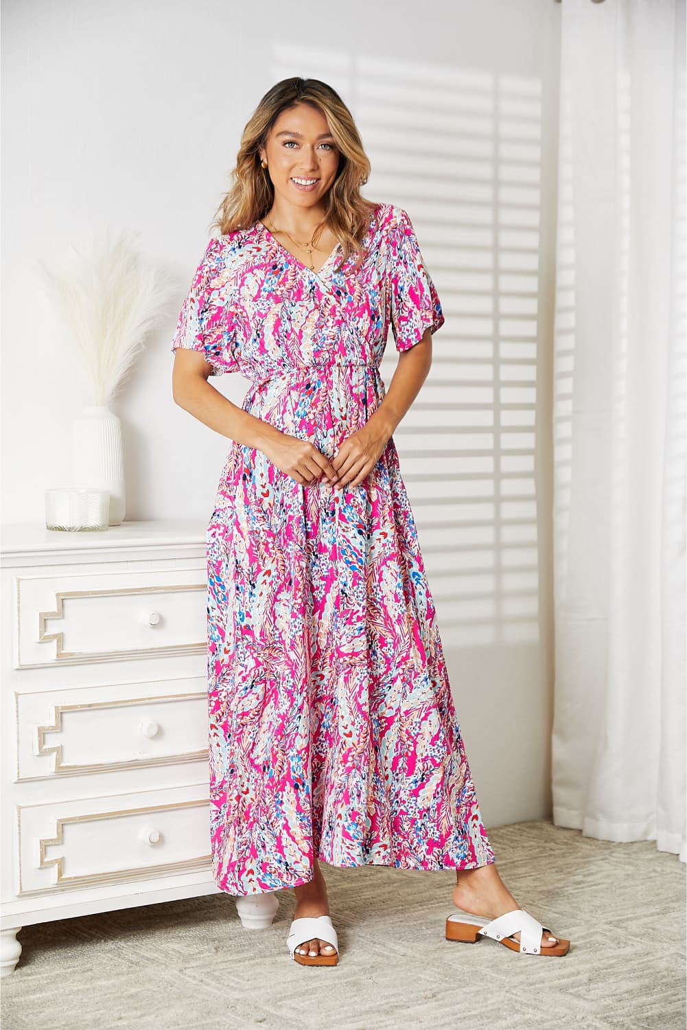 Double Take Multicolored V-Neck Maxi Dress-Teresa&#39;s Fashionista LLC