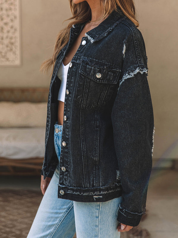 Button Up Raw Hem Distressed Denim Jacket-Teresa's Fashionista LLC