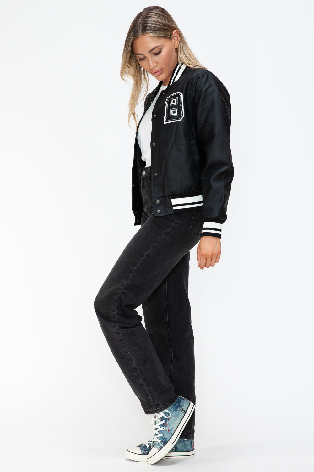 Love Me Now PU Leather Contrast Snap Down Bomber Jacket - Teresa's Fashionista LLC