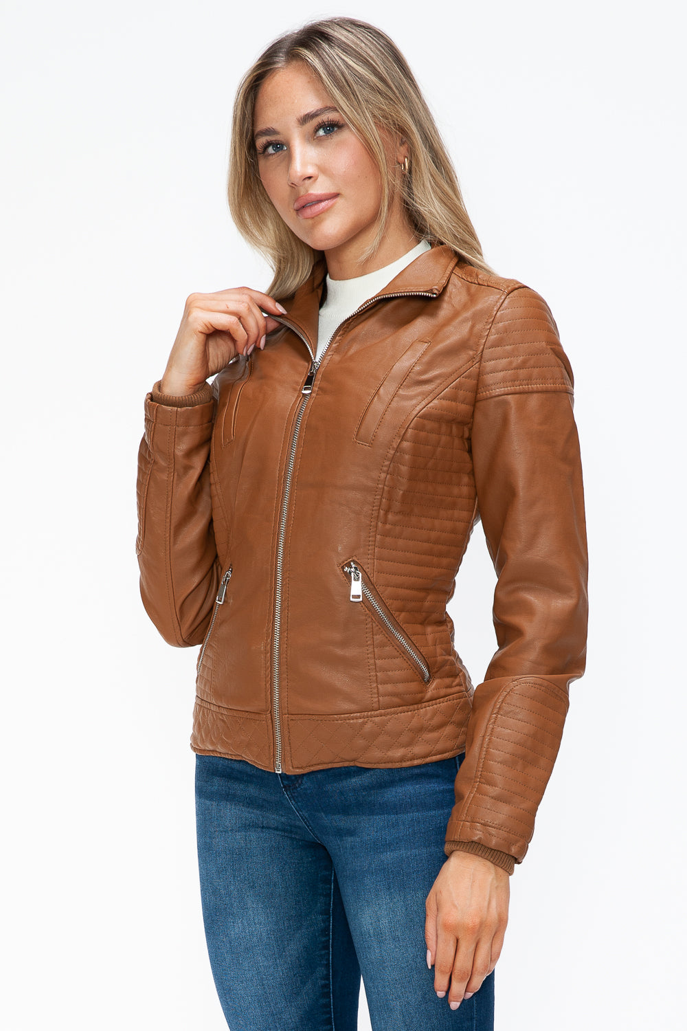 YMI Faux Layered Double-Zipper Jacket with Fuzzy Hood - Teresa's Fashionista LLC