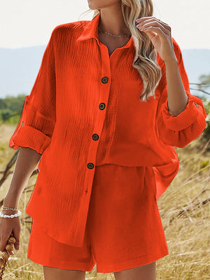 Texture Button Up Shirt and Shorts Set-Teresa's Fashionista LLC