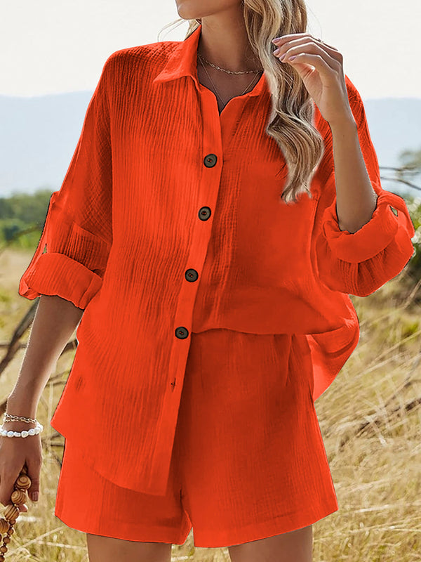 Texture Button Up Shirt and Shorts Set-Teresa's Fashionista LLC