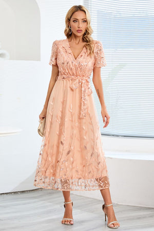 Sequin Leaf Embroidery Tie Front Short Sleeve Dress-Teresa's Fashionista LLC