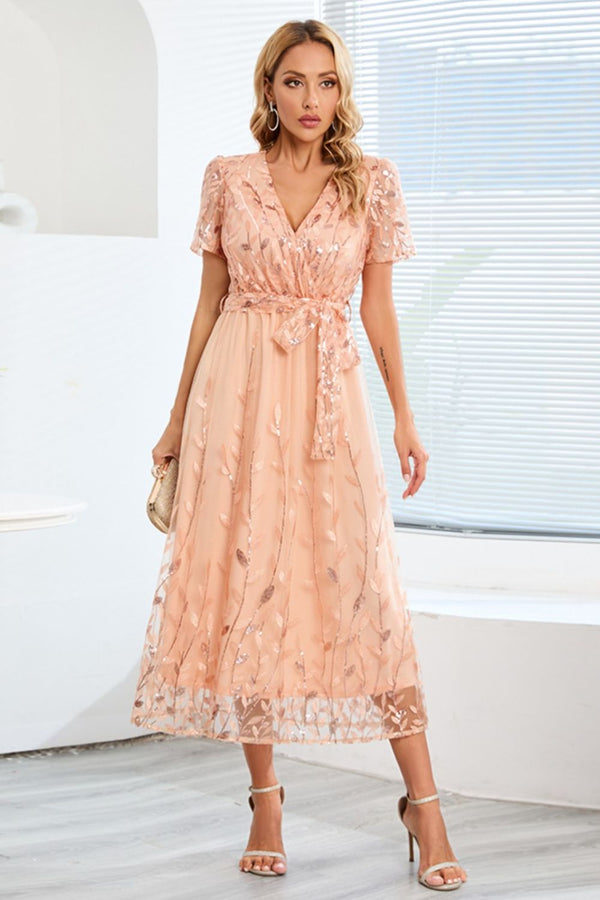 Sequin Leaf Embroidery Tie Front Short Sleeve Dress-Teresa's Fashionista LLC