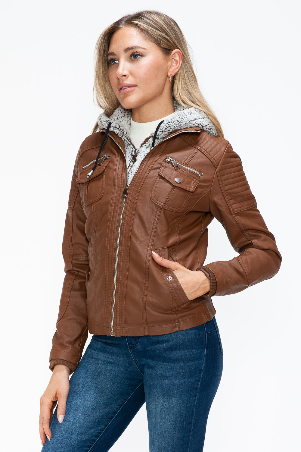 YMI Removable Faux Layered Multi-Pocket Jacket with Fuzzy Hood - Teresa's Fashionista LLC