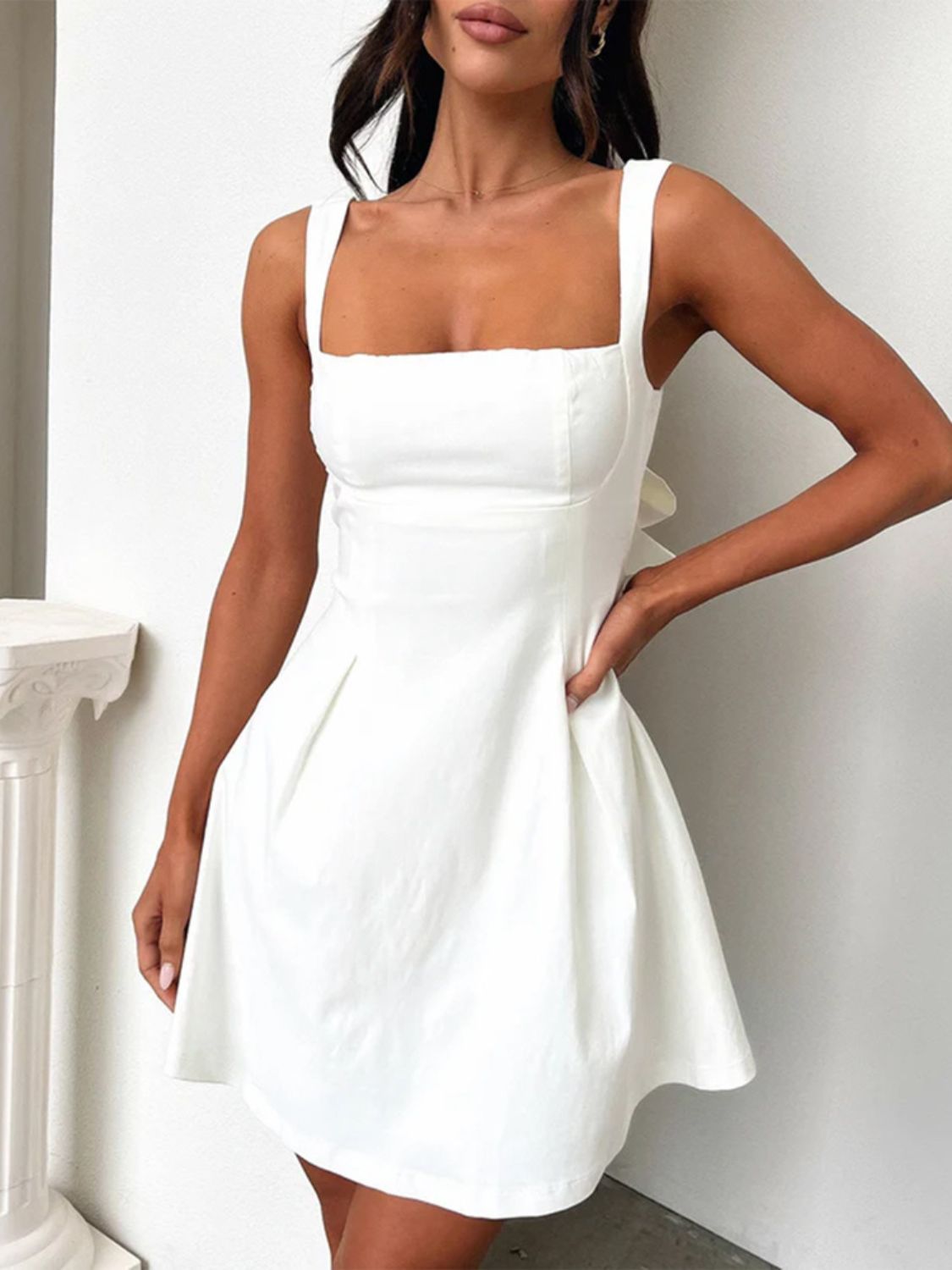 Devine Bow Back Square Neck Mini Dress - Teresa's Fashionista LLC