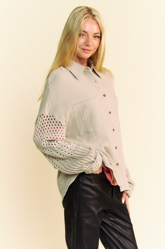 Davi & Dani Crochet Sleeve Crinkled Texture Shirt - Teresa's Fashionista LLC