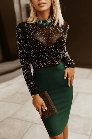 Rhinestone Mock Neck Long Sleeve Dress-Teresa's Fashionista LLC