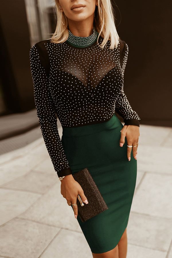 Rhinestone Mock Neck Long Sleeve Dress-Teresa's Fashionista LLC
